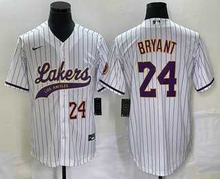 Men's Los Angeles Lakers #24 Kobe Bryant White Pinstripe With Patch Cool Base Stitched Baseball Jersey2